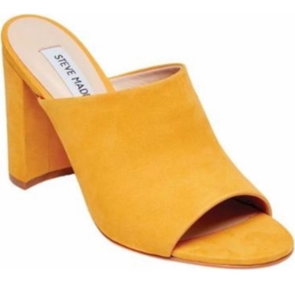 Steve Madden Mustard Yellow Suede Block High Heel Slide Sandals